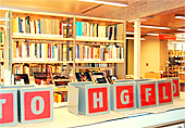 Würfel mit aufgedruckten Buchstaben stehen auf einem weißen Regal. Im Hintergrund sind Bücherregale zu sehen.