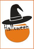 Ein Kürbis mit einem Hexenhut und dem Wort Halloween in schwarzer Schrift