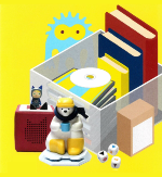Eine Medienkiste mit Büchern, CDs, einer Toniebox, Spielen und dem Lesebär Sami